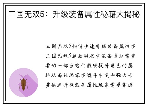 三国无双5：升级装备属性秘籍大揭秘